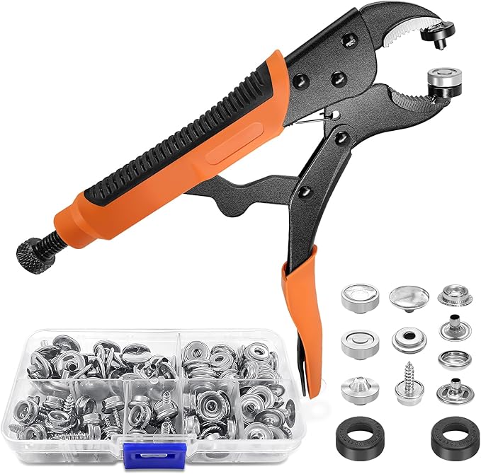 Heavy Duty Snap Fastener Tool, Snap Tool with 3 Dies, 40 Set 15mm Stainless Snaps and 2Pcs Rubber Ring, for Boat Cover, Canvas, Tarps, Leather Snaps Installation and Repairing