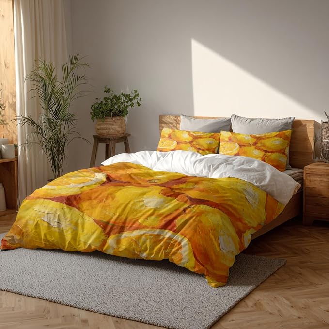 Batmerry Lemons Citrus Fruit Queen Size 100% Cotton Duvet Cover Sets, Vibrant Lemon Oil Painting Bedding Set with Zipper Closure Corner Ties, 3 Pieces (1 Cover + 2 Pillowcases No Comforter)
