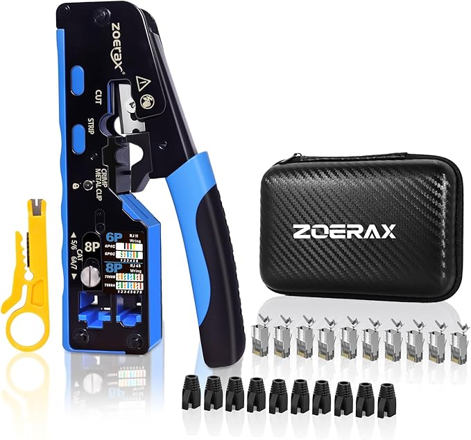 All-in-One Ethernet Crimping Tool Kit with Wire Stripper, 10xCAT7 RJ45 Pass Through Connector & 10xBoots, Storage Case Ideal for DIY/Network Installations