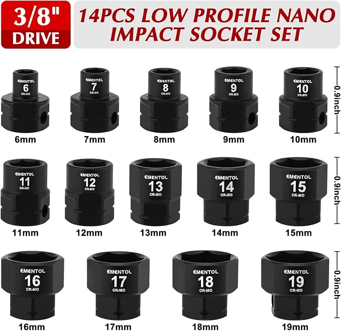 EMENTOL 14PCS 3/8" Drive Low Profile Nano Impact Socket Set, 3/8-Inch Drive stubby sockets, Metric, 6mm-19mm, CR-MO