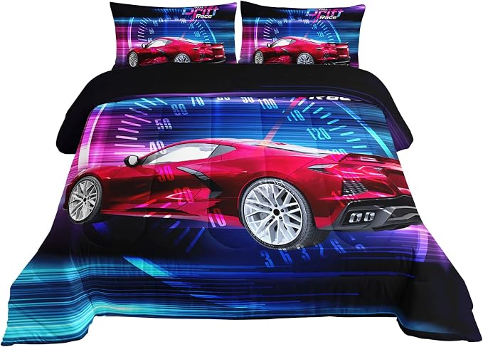 Axolotl Race Car Bedding Set - Full Size Boys Extreme Sports Comforter Set with 2 Pillowcase Car Racing Gifts