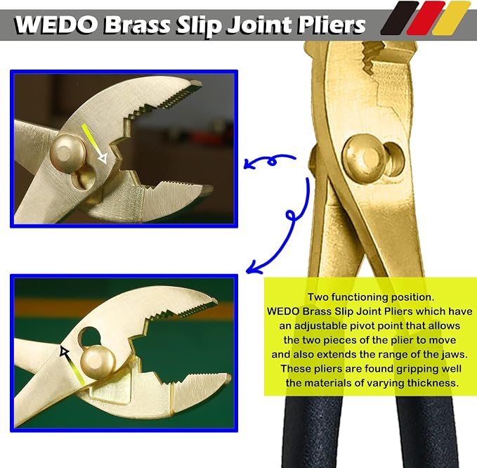 WEDO Brass Pliers Set - 4pc Non-Slip Handle, 8" Snipe Nose, 6" Slip Joint, 7" Diagonal Cutting, 10" Groove Joint