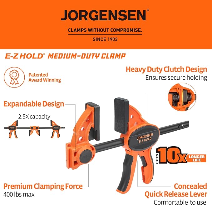 Jorgensen 6" One Hand Clamp/Spreader, 400 Lbs Clamping Force, E-Z Hold Bar Clamps Set, Medium Duty, 2-pack