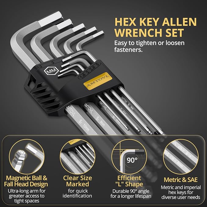 AMTOVL 27-Piece Magnetic Allen Wrench Set, S2 Steel SAE Metric & Torx | Hex Key Set Extra-Long Ball End Allen Keys with T-Handle, Color-Coded L-Key Set for Bike, Auto & DIY Repair