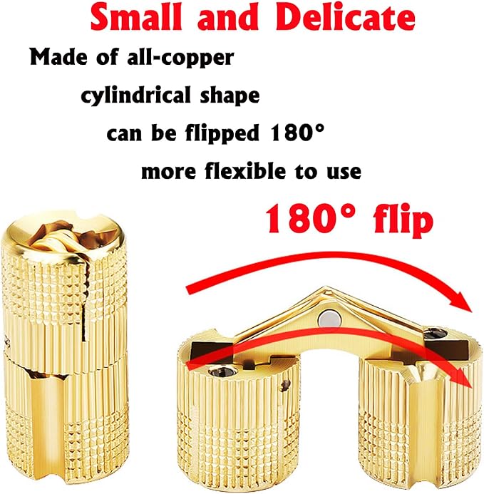 Hidden Brass Barrel Hinges, 8mm, 180 Degree Opening Angle Concealed Furniture Hinges for DIY Jewelry Box Hand Craft, 8-Piece Set with Screws, Gold, 0.71 x 0.31 Inch