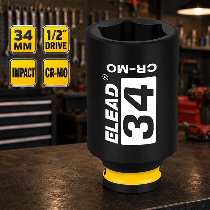 ELEAD 34 mm Socket 1/2" Drive Deep Impact Socket, Metric 6 Point 1/2-inch Drive Impact Axle Nut Sockets, CR-MO Nut Socket Set, Tools for Easy Removal of Axle Shaft Nuts