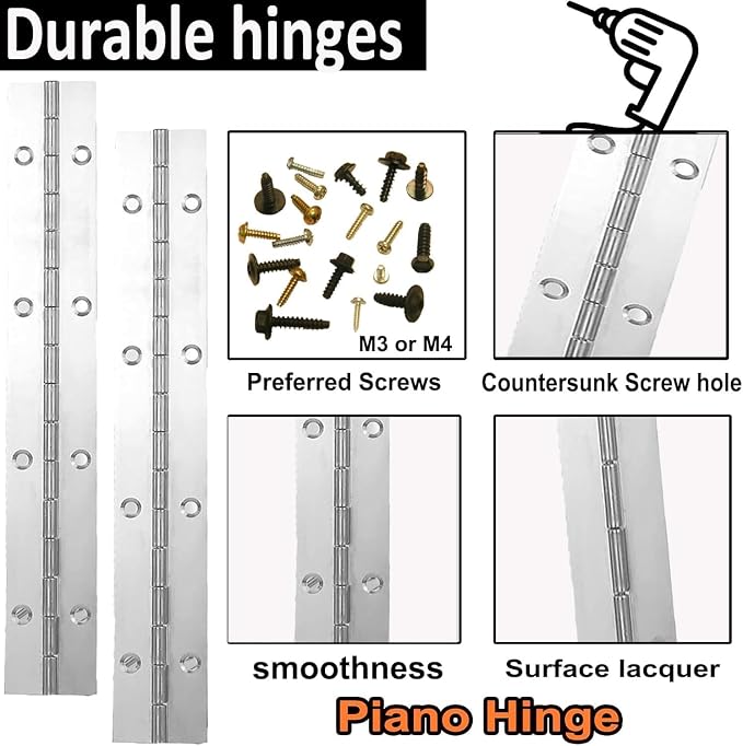 4Pcs Continuous & Piano Hinges, 16Inch 1.2'' Open Width, Silver Heavy Duty, Stainless Steel, 0.04'' Folding for Storage Boxes, Cabinets, Door, Piano, Wood Furniture