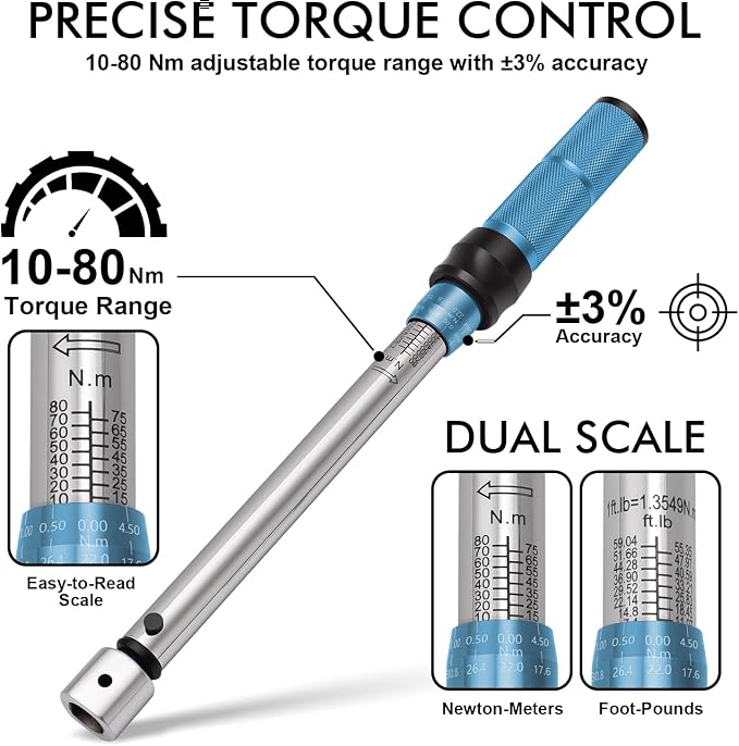 Open End Torque Wrench for Mini Split Installation, 10–80 Nm HVAC Torque Wrench with Adjustable 0–30 mm Head and Click Warning for Flare Nut Connections
