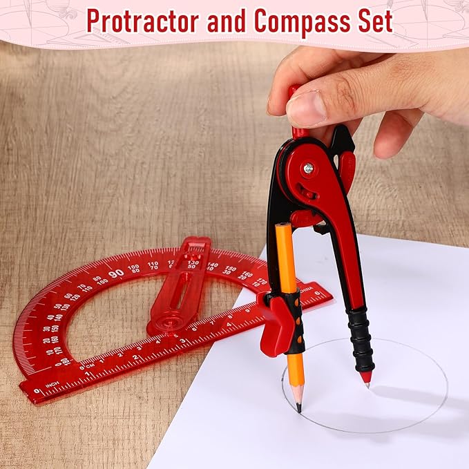 Zonon Student Protractor and Compass Set, Student Geometry Math Set Drawing Compass and 180 Degree 6 Inch Protractor with Swing Arm for Drawing Measuring School Office(Red)