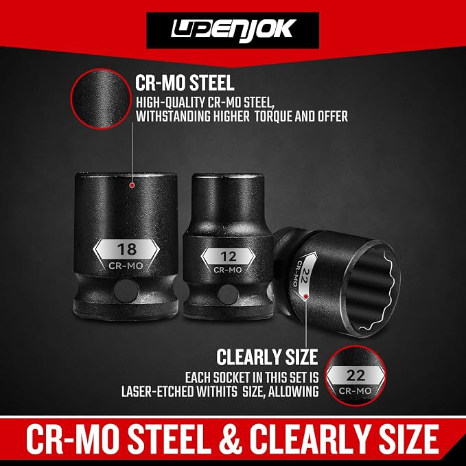 15-Piece 1/2" Drive Shallow Impact Socket Set, Metric Size (8-22mm) 12-Point Socket Set, CR-MO Steel for Automotive & DIY