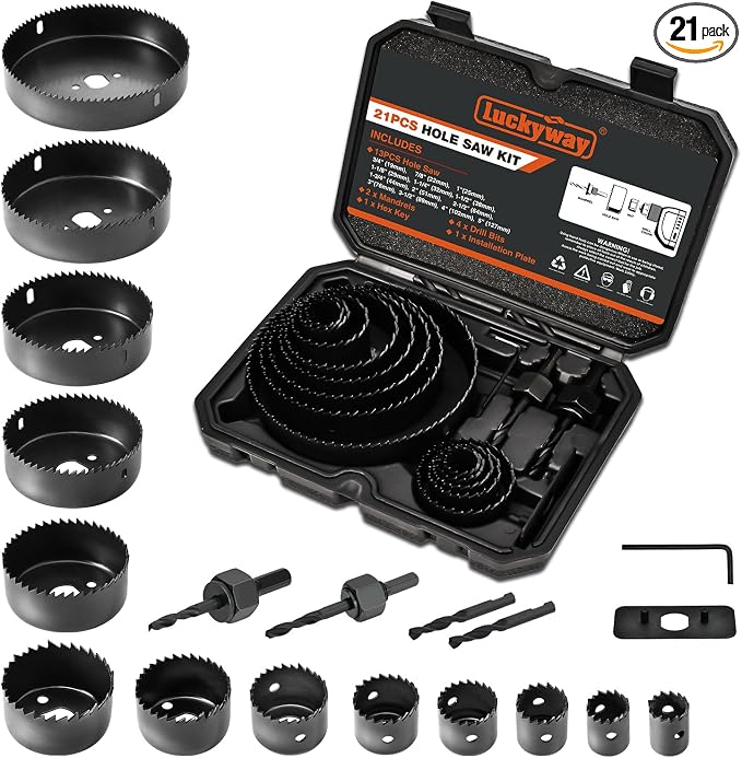 Luckyway Hole Saw Kit, 21-Piece Hole Saw Set, 3/4" to 5" Hole Saws Drill Bits Hole Cutter Kits with Storage Case for Soft Wood, Plastic, PVC and Drywall