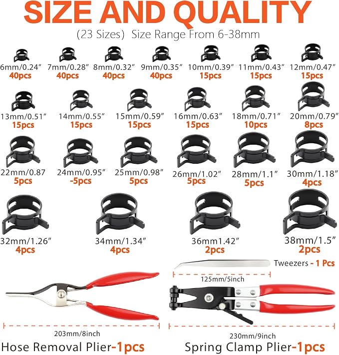 324Pcs 65Mn Steel Spring Band Hose Clamp Kit - 23 Sizes (6-38mm) Constant Tension Pipe Clip with Swivel Jaw & Hose Removal Pliers, Tweezers for Fuel Line, Coolant, Vacuum, Silicone Hoses & Air Tube ﻿