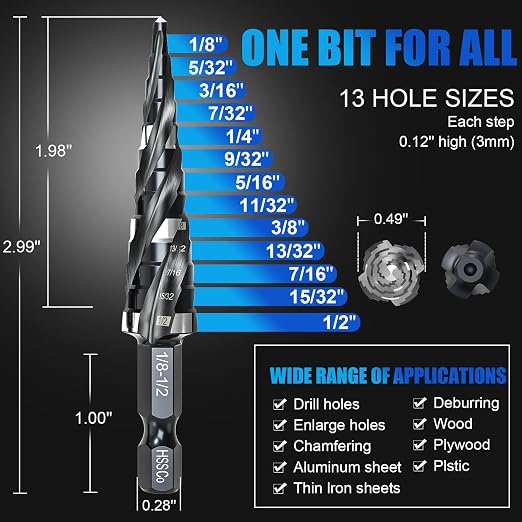 M35 Four Spiral Flute Step Drill Bit Set 1/8"-1/2" （13 Sizes ）,1/4" Hex Shank Drill, Impact Resistant M35 HSS Unibit Step Drill bit for Stainless Steel, Wood, Aluminum, Plastic