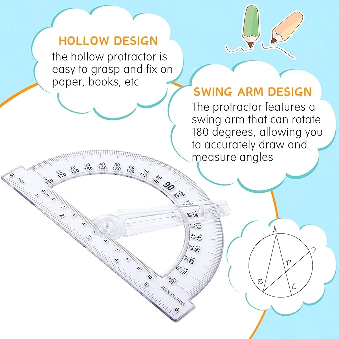 Zonon 2 Pieces 6 Inch Plastic Protractor with Swing Arm Math Protractors 180 Degrees Angle Measurement, Translucent for Geometry Classroom Kid Student School Office Supplies