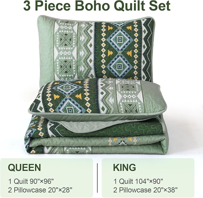 WONGS BEDDING Green Quilt Set Queen Size,3 Pieces Boho Bedspread Coverlet Set,Soft Bohemian Bedding Set King for All Season 104"×90"