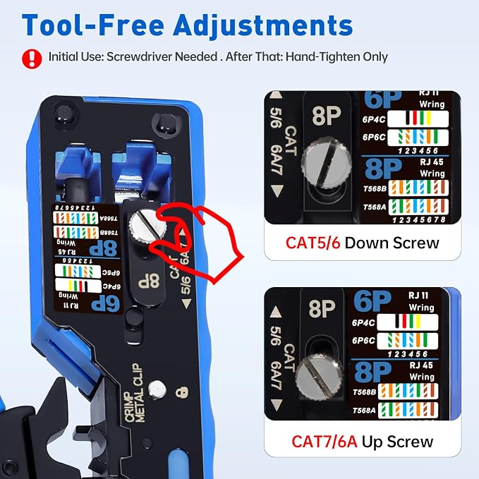 All-In-One RJ45 Crimp Tool with Hand-Twist Screw and Wire Terminal Crimper for CAT7/CAT6A/CAT6/CAT5E/CAT5, Ethernet Crimper RJ45 crimper RJ45 Pass Through Crimp Tool Ethernet Crimping Tool