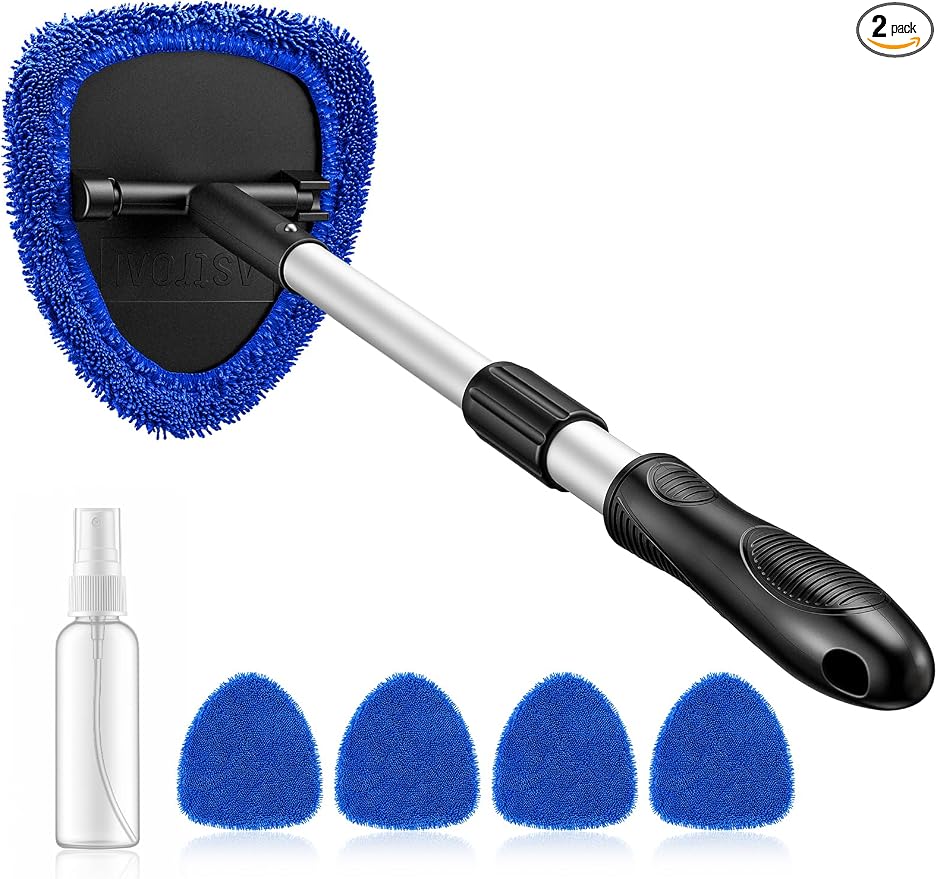 AstroAI 21" Windshield Cleaner Tool, Car Interior Detailing Cleaning Kit with Extendable Handle and 4 Upgraded High-Density Reusable Microfiber Pads, Auto Glass Wiper Brush Kit for Cars, Blue, 2 Pack