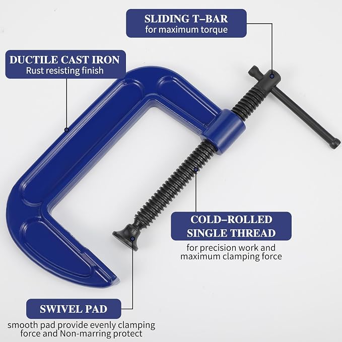 WILLBOND 4 Pcs C Clamps Set 3'' 4'' 6'' 8'' Small Steel Versatile Heavy Duty Welding Clamps Set Opening Sliding T Bar Handle for DIY Carpentry Caliper Woodworking Welding Building (Navy Blue)