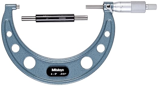 Mitutoyo 103-181 Outside Micrometer, Ratchet Stop, Carbide-Tipped Measuring Faces, 5 inch Range, 0.001 inch Graduation, Hammertone Enamel Frame for Precision Outside Dimension Measurement | 0.001 Inch Graduation