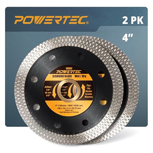 POWERTEC 4 Inch Diamond Saw Blades for Handheld Tile Saw & Angle Grinder 2 Pack, Super Thin Turbo Mesh Rim Blades for Cutting Porcelain, Granite & Ceramic Tile