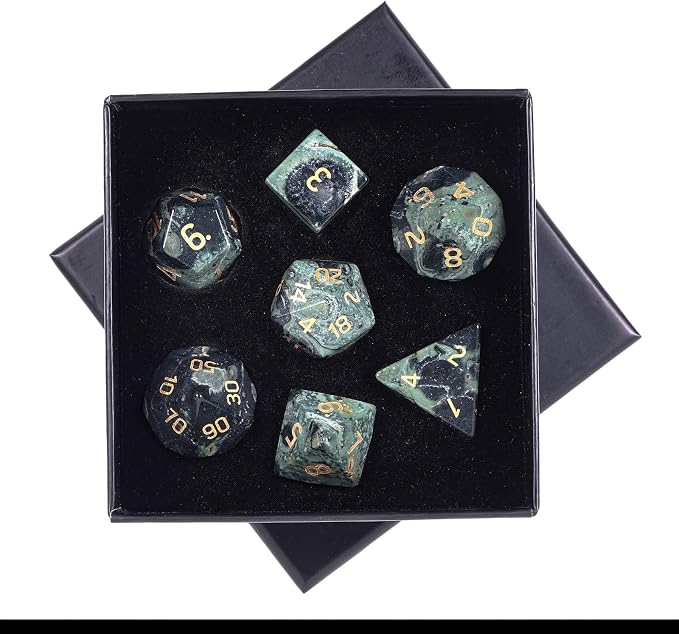 mookaitedecor 7 PCS Kambaba Jasper Crystal Polyhedral DND Dice Set, Polished Tumbled Stones Dices for RPG MTG Table Games Home Decoration