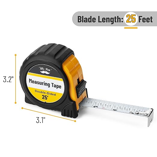Mr. Pen- Retractable Tape Measure 25 ft, Easy Read, Double Sided Steel Retractable Measuring Tape with Fractions, Ideal for Construction & DIY Projects