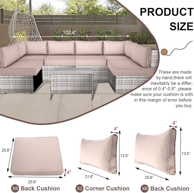 14 Piece Outdoor Furniture Replacement Cushions, Cover+Filling, 25.6" x 25.6" x 4" Foam Waterproof Outdoor Sofa Cushion Sets, Fit Wicker Rattan Sectional Conversation Set,Khaki