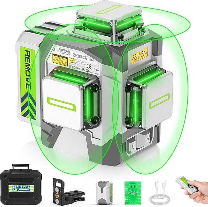 Huepar Pro Laser Level 360 Self Leveling, 3x360° High Accuracy Green Cross Line Laser for Construction and Picture Hanging, 12 Lines Level Laser Tool with Rechargeable Battery & Remote Control