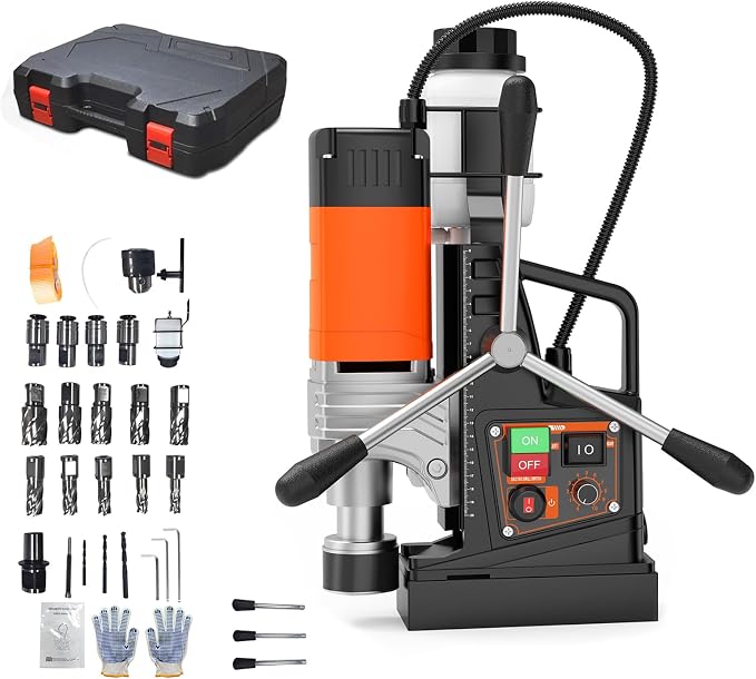 Magnetic Drill Press, 1850W 2" Boring Diameter, 2922Lbf Power Magnetic Drill, 810 PRM, Variable Speed with Reversible, Portable Drill Press with 10Pcs Drill Bits 3Pcs Twist Drill and 1Pcs Plastic Box