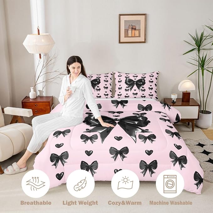 Feelyou Cute Pink Bow Comforter Set All Season Girly Bow Bedding Set with 2 Pillow Cases Love Hearts Bowknot Microfiber Kids King Bedclothes Bedroom Decor Duvet Quilt Breathable Soft Lightweight