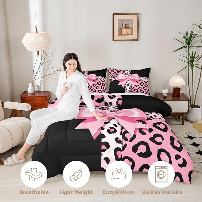 Feelyou Leopard Print Comforter Set All Season Cute Cheetah Bow Bedding Set with 2 Pillow Cases Animal Fur Microfiber Kids Queen Bedclothes Bedroom Decor Duvet Quilt Breathable Soft Lightweight