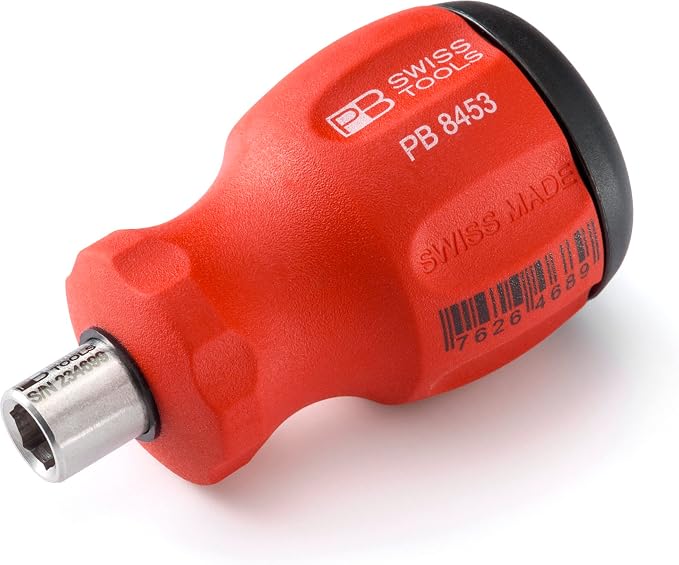 PB Swiss Tools Stubby Screwdriver PB 8453 | 100% Swiss Made | Small Screwdriver with Bits in the Handle, Size Slot 3, PH1/PH2, T15/T20/T25 and Magnetic Tip for General Screwdriving Work