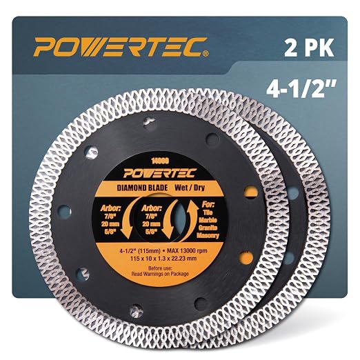 POWERTEC 4-1/2 Inch Diamond Saw Blades for Angle Grinder 2 Pack, Super Thin Turbo Mesh Rim Tile Blades for Cutting Porcelain, Granite Tile & Ceramic Tile, 4.5" Diamond Blades (14000-P2)