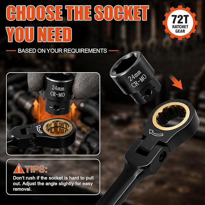 Flex Head Ratcheting Wrench Set 19-in-1, 6-24mm CR-V Steel Metric Wrench | Pass Through Flex Head for Tight Spaces, 16.6" Labor-Saving Long Handle, 72Tooth 180° Swivel Tool for Auto & Household DIY