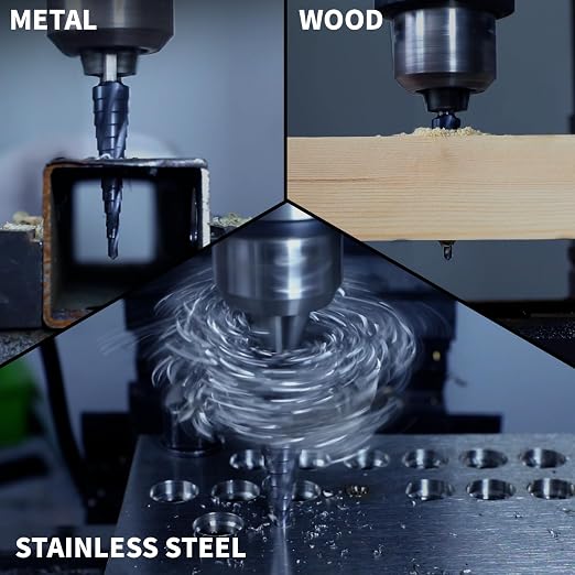 GRENPRO Step Drill Bit, 1/8"-1/2" Four Spiral Flute Cobalt Step Drill Bit, 1/4" Hex Shank Step Bit for Stainless Steel, Metal, Aluminum, Copper,Aluminum, Wood, PVC