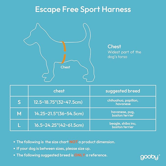 Gooby Escape Free Sport Dog Harness, Choke-Free, Turquoise, Medium | Patented escape-free frame; Reduces choking; 4-point adjustment; Soft neoprene padding; Durable webbed straps