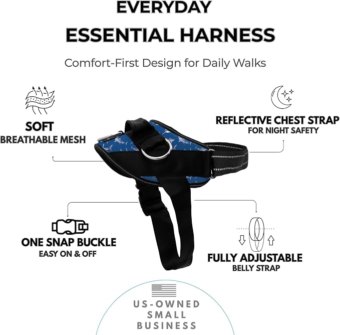 ShawnCo Essential Dog Harness, No-Pull Pet Vest (White Sharks,XL) | 3 Leash Clips, Easy On, No-Choke, Reflective, Adjustable Fit, Padded Comfort, Control Handle, For Small, Medium & Large Dogs
