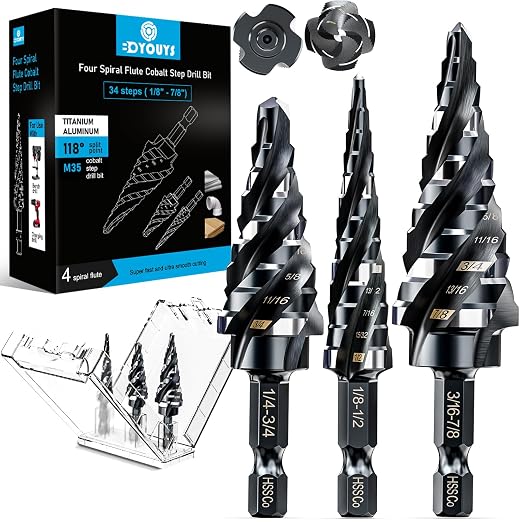M35 Four Spiral Flute Step Drill Bit Set 1/8"-7/8"(3 pcs), 1/4" Hex Shank Unibit Step Drill bit, Impact Resistant M35 Cobalt Step Drill Bit, for Stainless Steel, Wood, Aluminum, Plastic