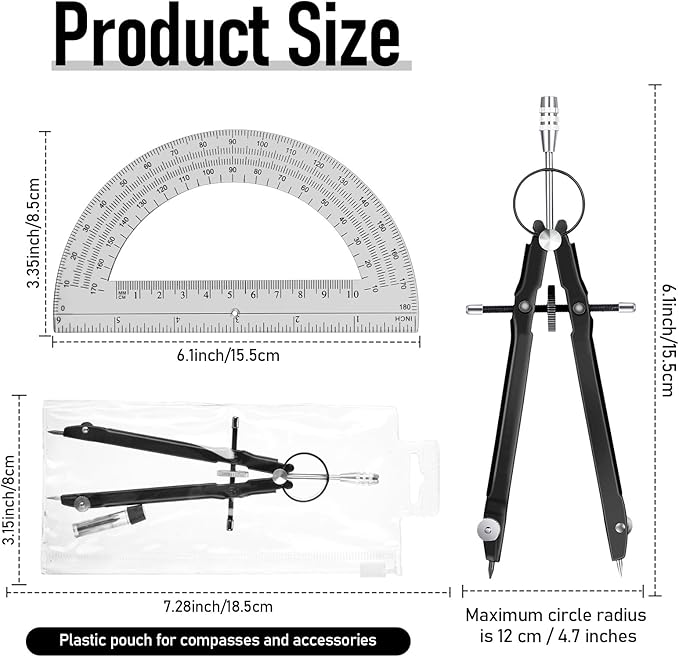 EBOOT Student Geometry Math Set, Metal Drawing Compass and 6 Inch Clear Swing Arm Protractors 180 Degree Math Protractor(Black and Black)