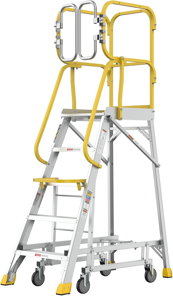 5 Step Rolling Platform Ladder Industrial Rolling Ladder with Wheels Non-Slip Aluminum Scaffolding Platform Stairs for Warehouse, Garage, 20"×24" Platform, 375lbs Capacity