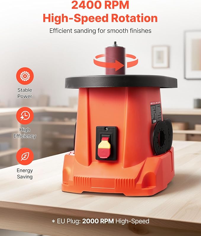 VEVOR Oscillating Spindle Sander, 2400RPM Benchtop Spindle Sander with 6 Sleeves (1/2"-3"), 5/8" Stroke, 15.6" x 11.6" Cast Iron Worktable for Furniture Finishing, Crafts Sanding, DIY Woodworking