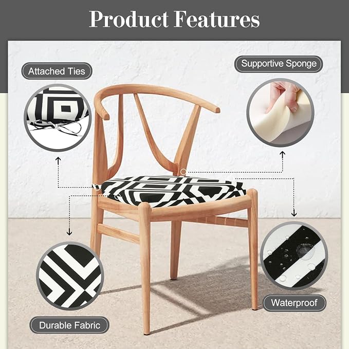 Cozyide Outdoor Chair Cushions, Waterproof Patio Seat Cushions with Adjustable Straps, Round Corner Patio Chair Cushions for Garden, Black Geometry, 17x16x2 Inch (Pack of 4)
