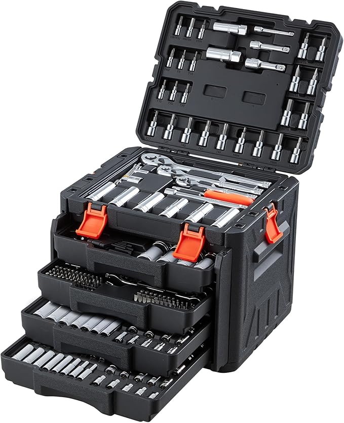 VEVOR Mechanics Tool Set, 297-Piece Mechanic Tool Kit, 1/4 in, 3/8 in, and 1/2 in Drive, SAE and Metric Socket Set, Wrenches, Screwdriver Bits, Accessories, and Storage Case, for Automotive Repair