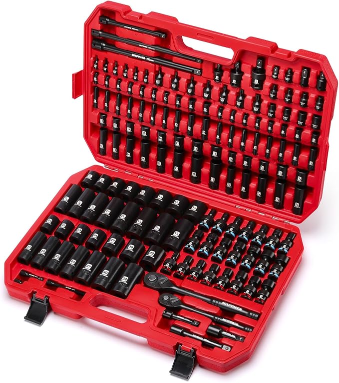 MIXPOWER 153 Pieces 1/4"&3/8"&1/2" Drive Mechanic Tool Set,Metric/SAE,6-Point,Deep and Shallow Sockets,Impact Universal Joint Swivel Sockets,Impact Socket Extension Bar