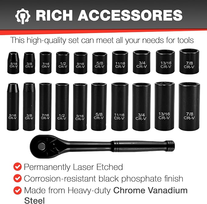 EACELIY 21pcs 3/8" Socket Set,Drive Impact Socket Set, SAE, Deep & Shallow, Cr-V Steel, 6 Point with Adapters, 72T Ratchet Handle, 5/16-7/8inch