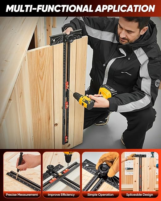 Saker 4-in-1 Scriber Marking Line Ruler, 29.5in Spliceable Extended T Square with Pencil, Precision Line Drawing & Drilling Positioning Tool, Cabinet Hardware Jig with Angle Adjustment for Woodworking