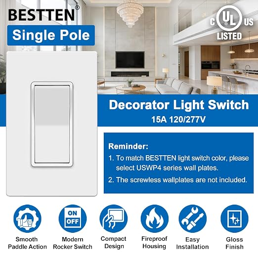 BESTTEN 30 Pack Single-Pole Decorator Wall Light Switch, 15A 120/277V, Paddle Wall Switch, On/Off Rocker Interrupter, UL Listed, White