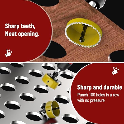 12-Piece Hole Saw Kit, Includes 8 Sizes (3/4" to 2-1/2"), Arbors, Drill Bits, and Hex Key, Ideal for Softwood, Plywood, and PVC（Yellow）