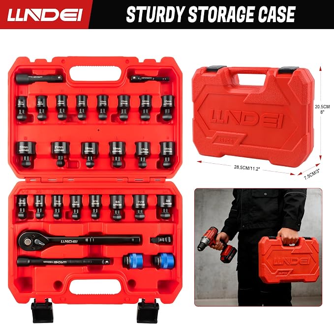 LLNDEI 3/8" Drive Swivel Socket Set 29Pcs SAE/Metric CR-MO | Quick Release Wobble Sockets 8-22mm & 5/16-3/4", Ratchet, Extension & Adapters, for Engine, Suspension, Brake & Industrial