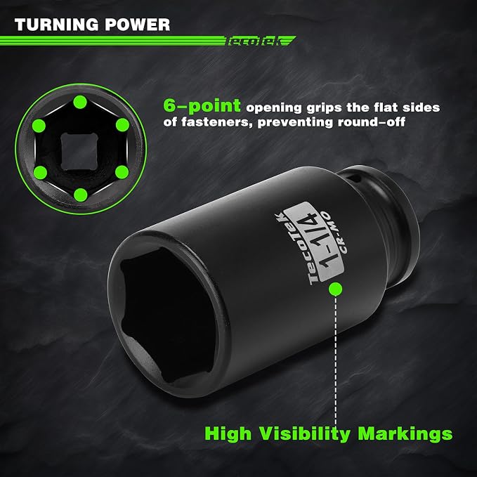 TecoTek 1/2" Drive Deep 6-Point Impact Socket Set, 8-Piece Standard SAE Spindle Axle Nut Impact Socket Set, Cr-Mo, 1-Inch to 1-1/2-Inch Size